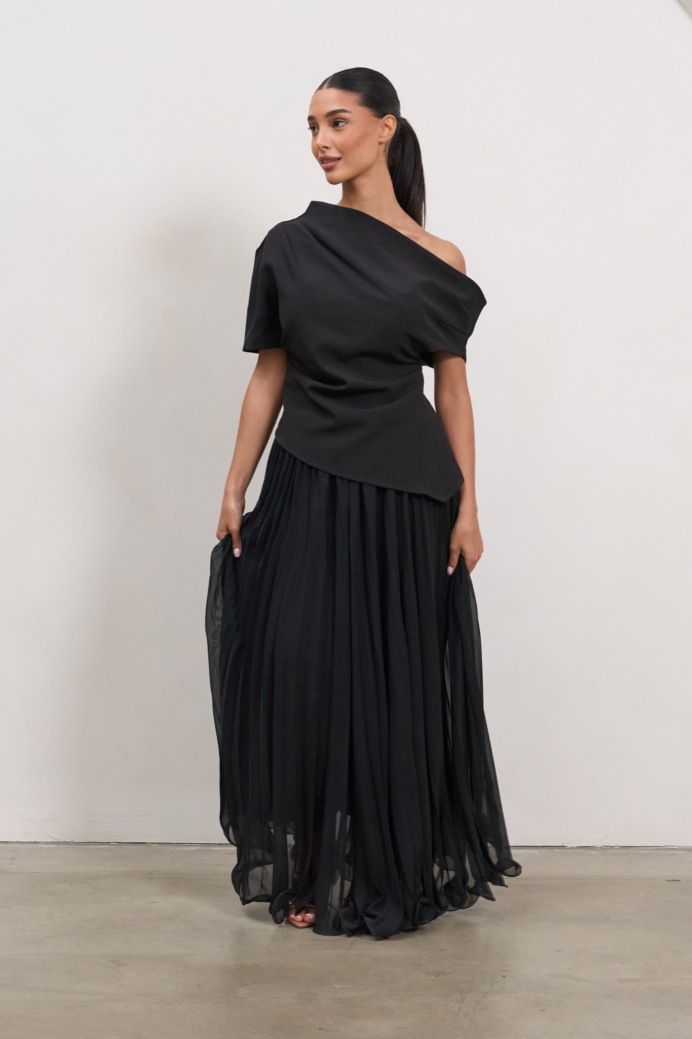 Pleat Plissé Asymmetric Draped Top