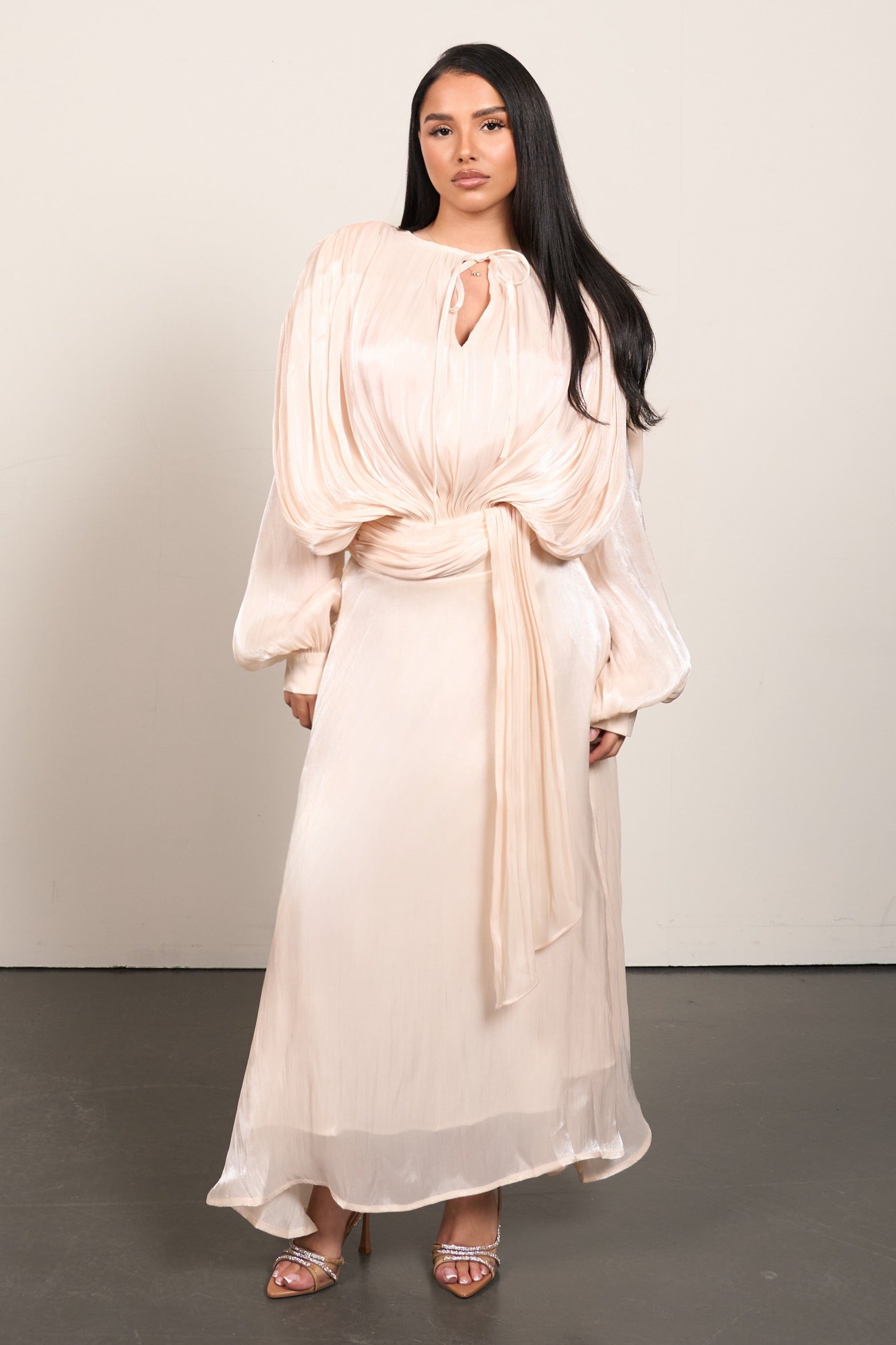 short beige dress Pleated Elegance Maxi Dress – beige – Flowy Long Dress – THE GIRL WEARING
