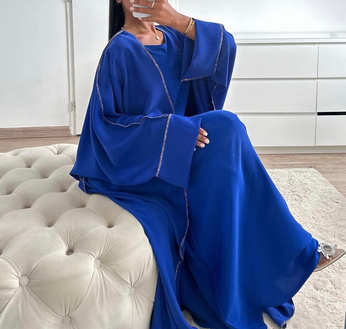 Dark Blue Abaya Set With Zilver Details