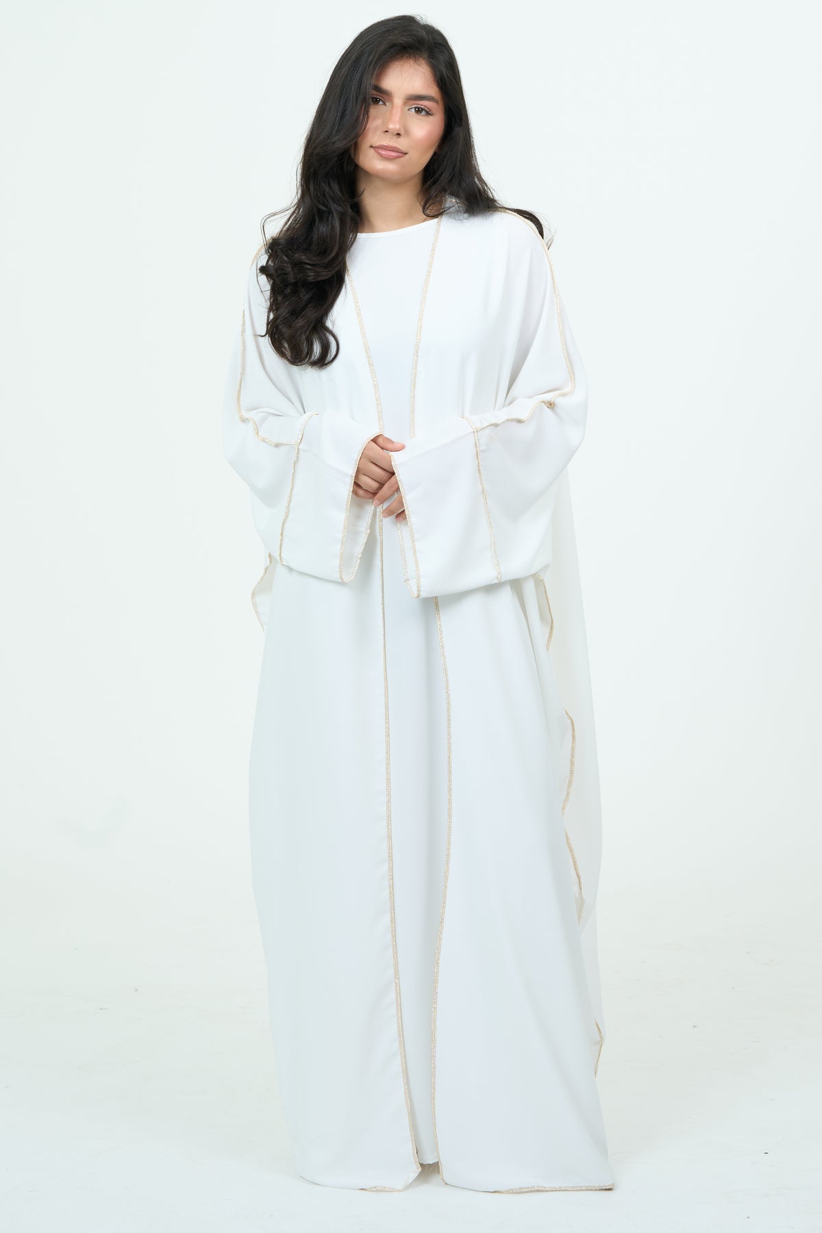 White Abaya Set With Golden Details