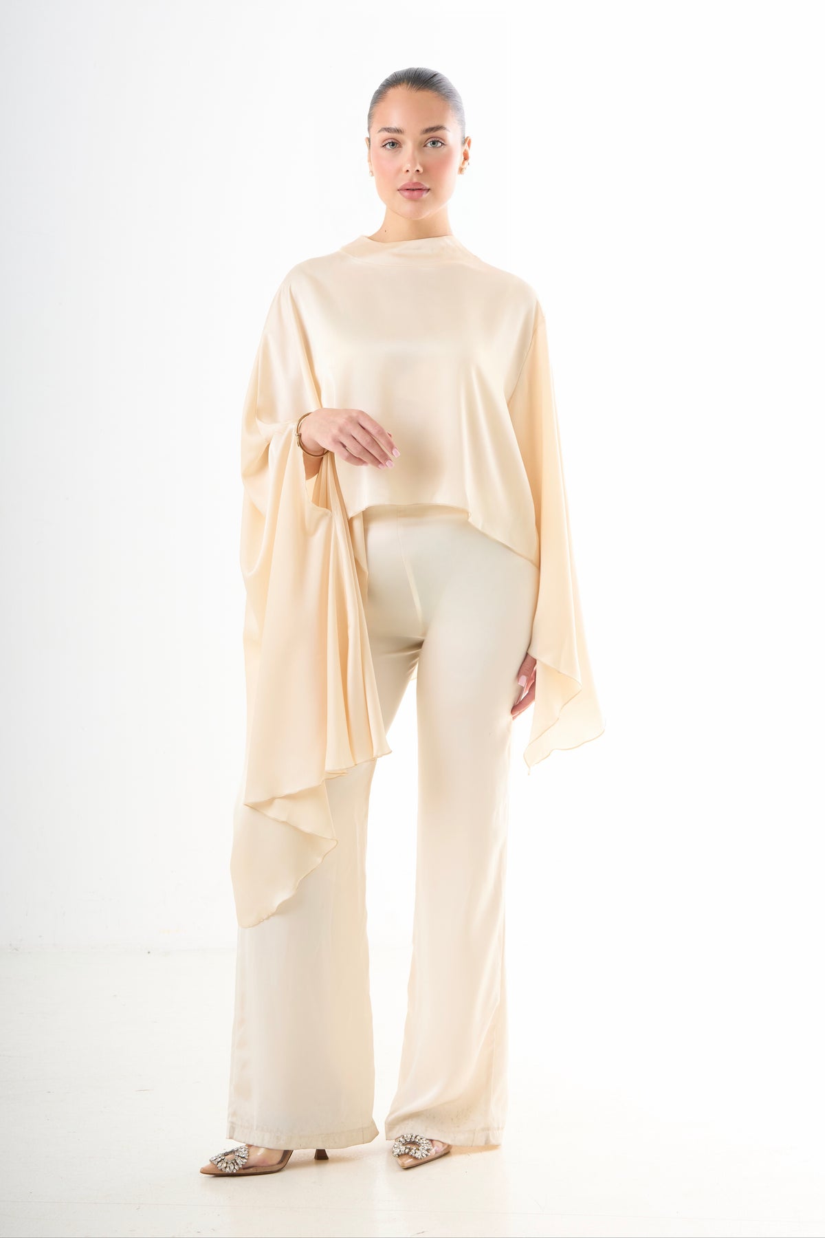 Asymmetric Drape Top - Beige-5