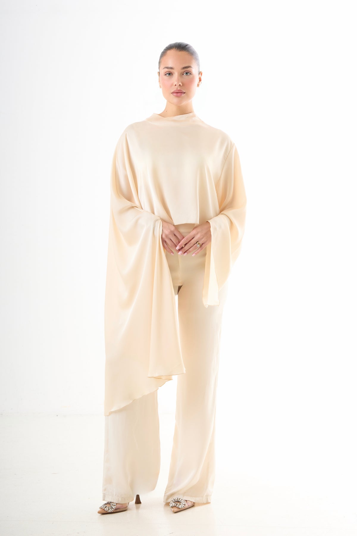 Asymmetric Drape Top - Beige-6