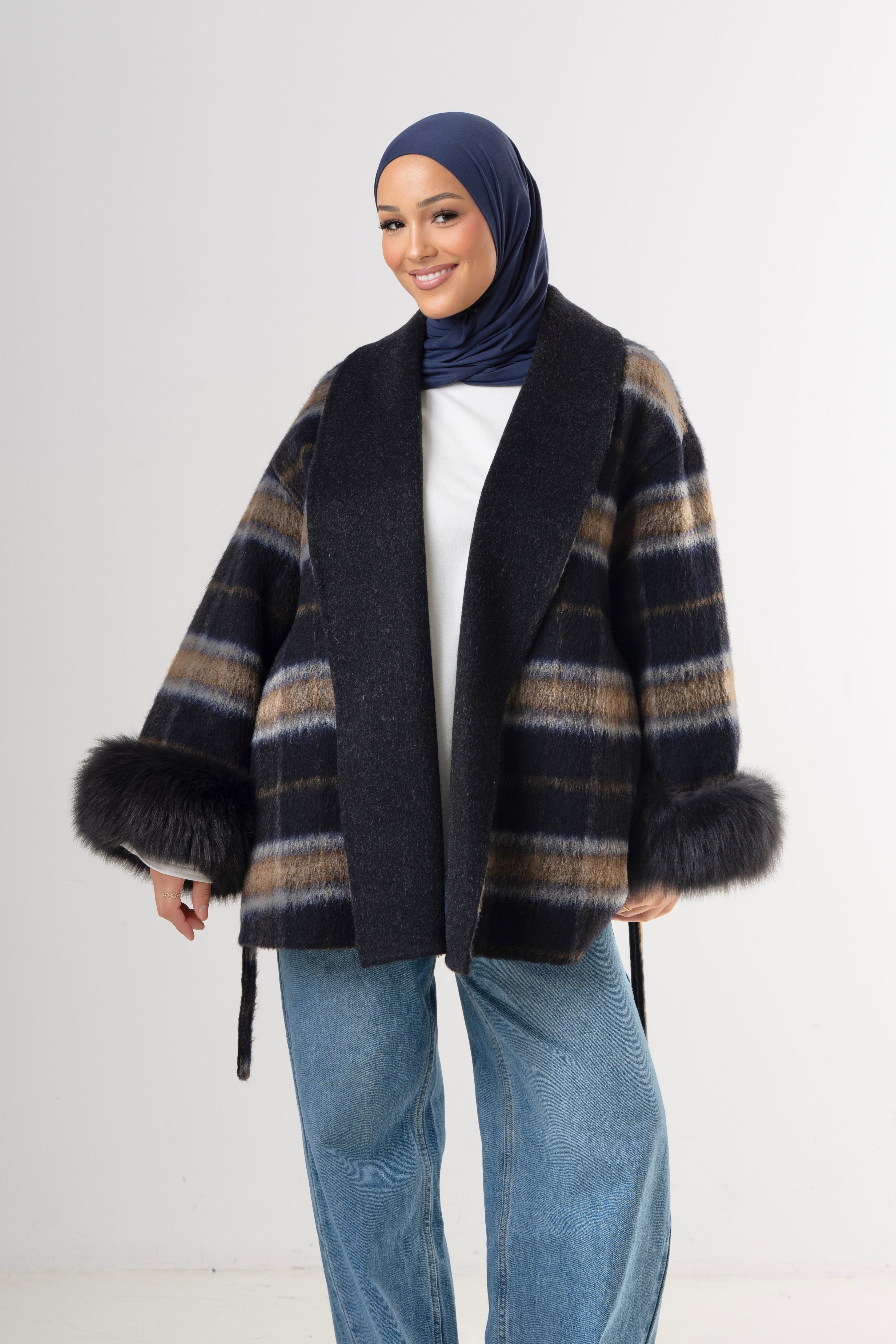Autumn Muse Wrap Coat - Navy-2