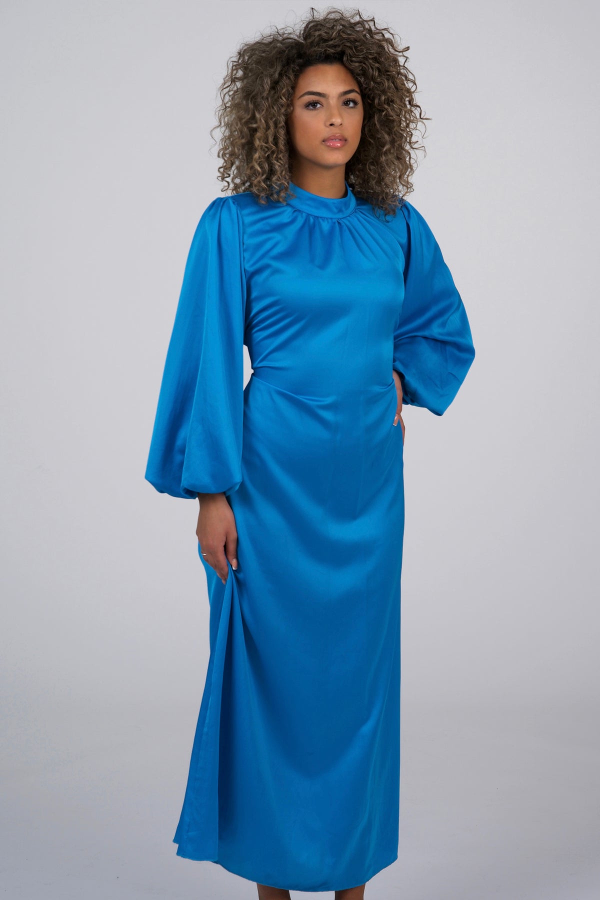 Aqua Long Dress With Puffed Sleeves
