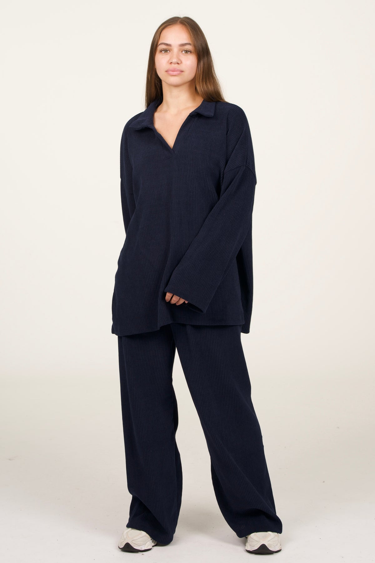 Navy V Neck Ribbed Two-piece Set | Thick Material