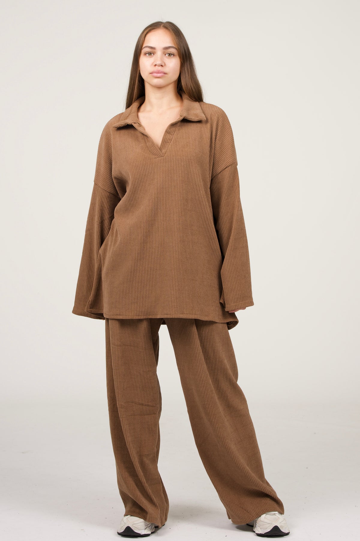 Camel V Neck Ribbed Two-piece Set | Thick Material