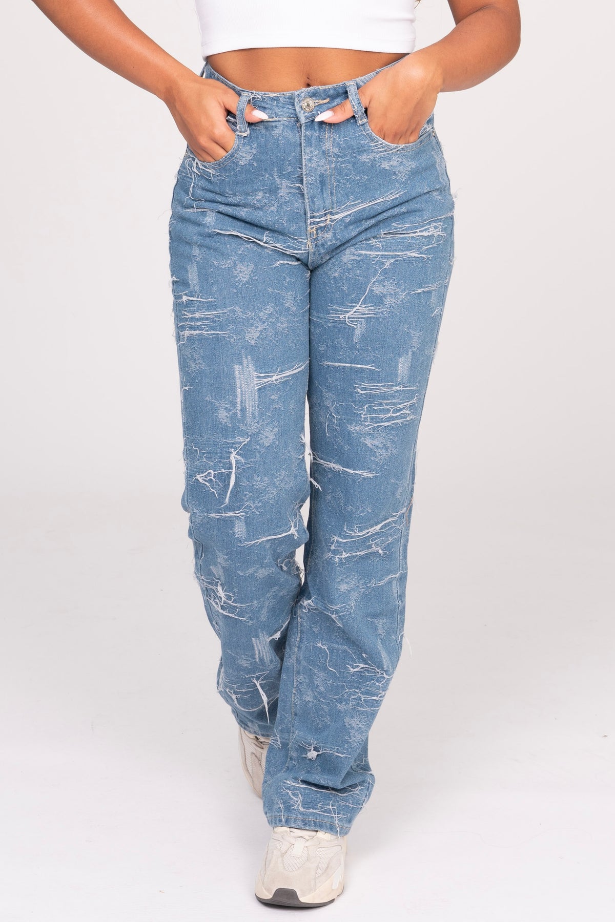 Ripped Fluffy Straight Leg Jeans