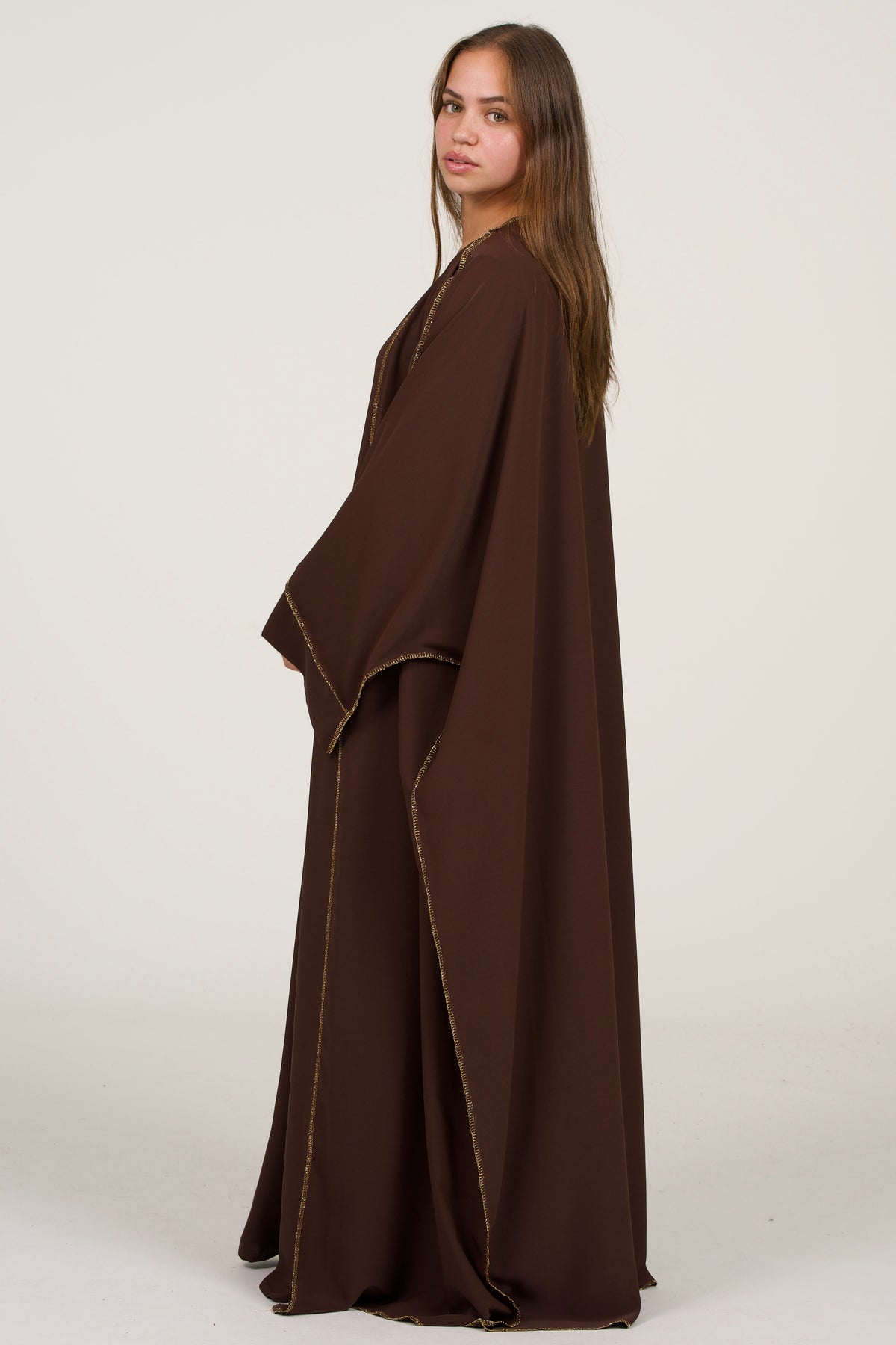 Brown Abaya Set With Golden Details