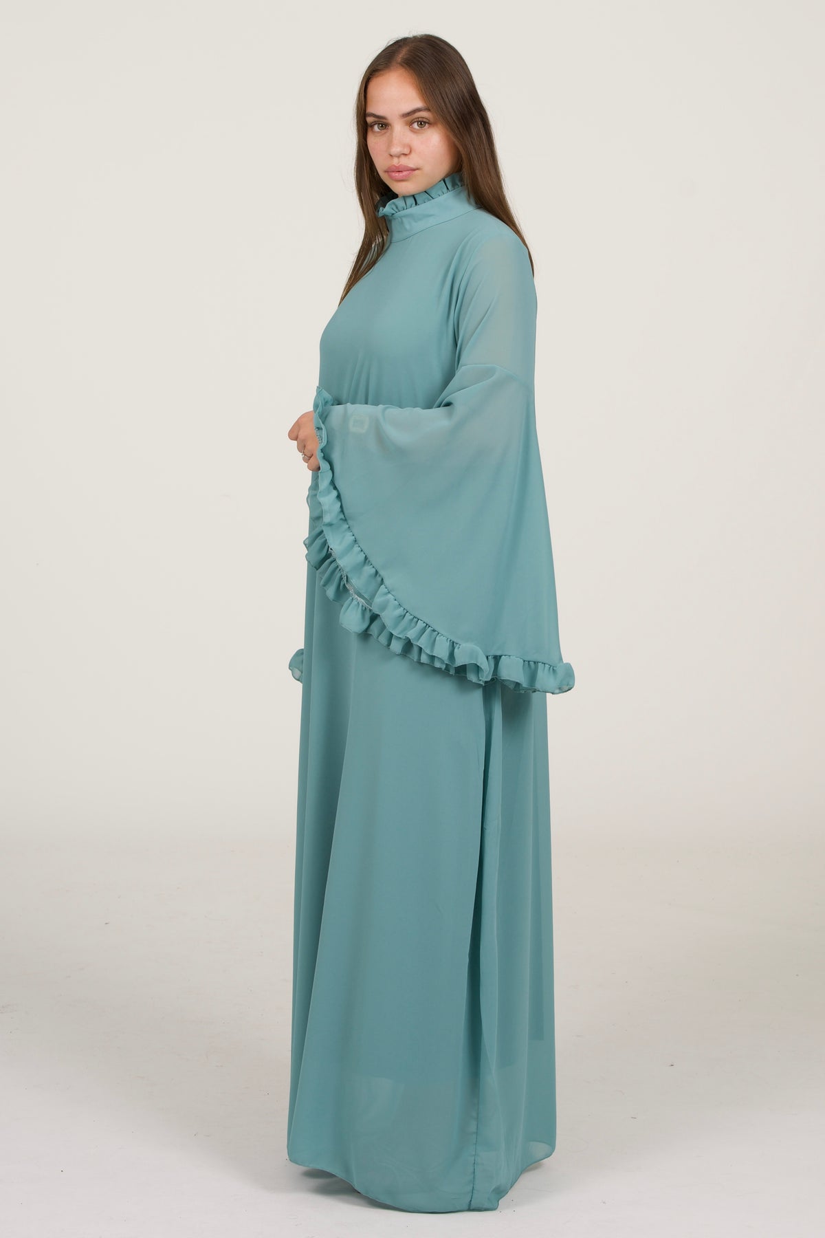 Turquoise Classic Dress With Detailed Sleeves
