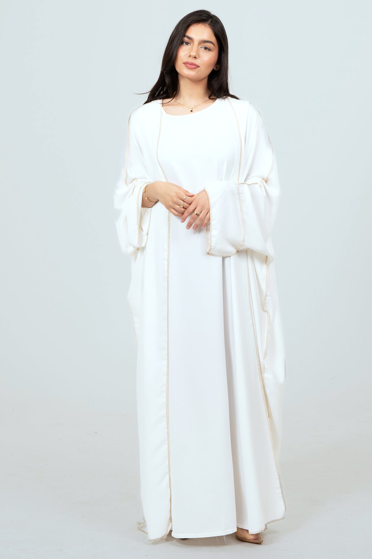 White Abaya Set With Golden Details