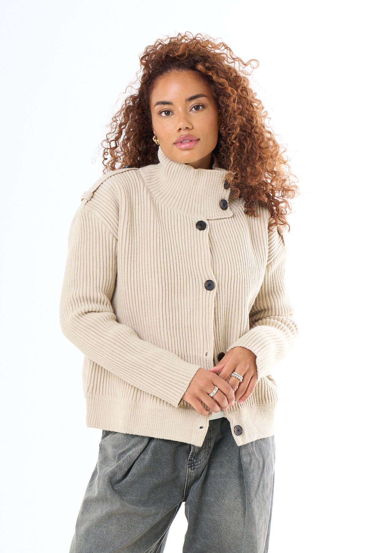High Neck Button Cardigan - Beige-3