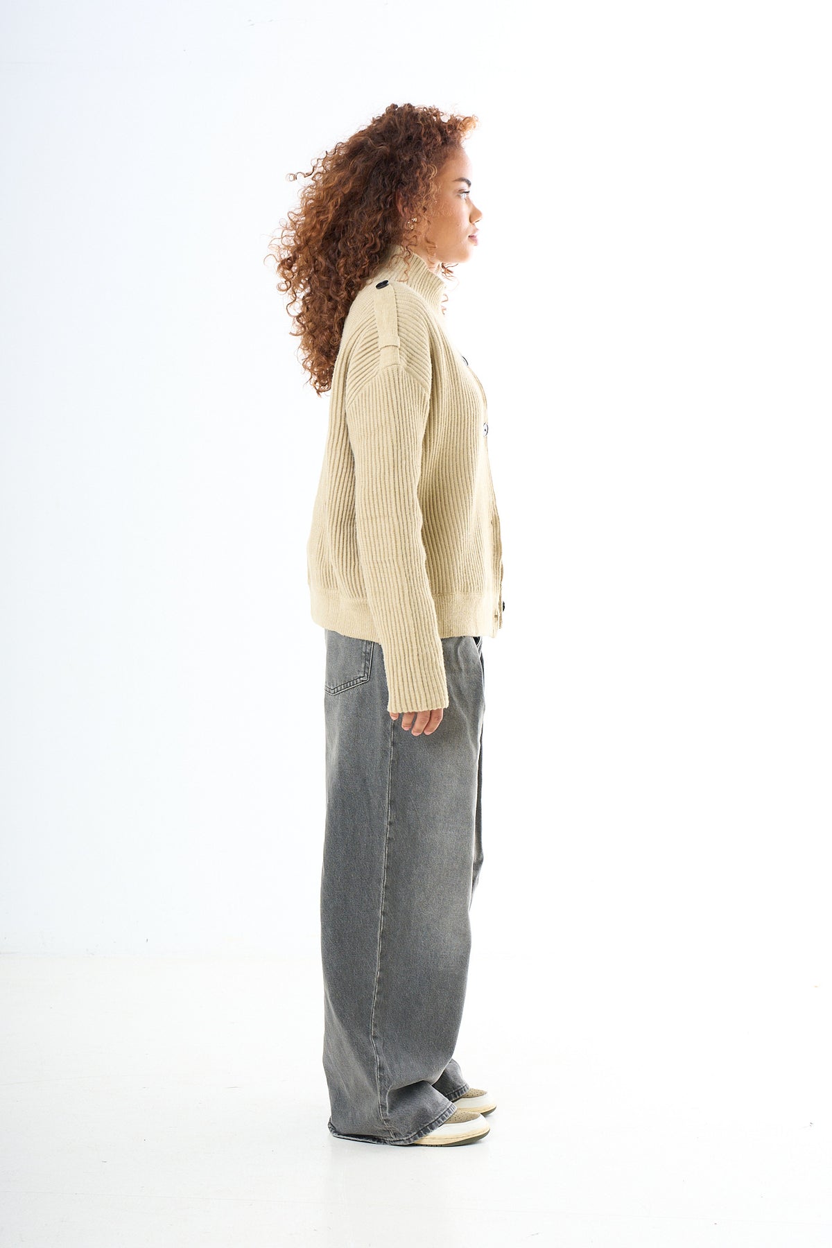 High Neck Button Cardigan - Taupe-6
