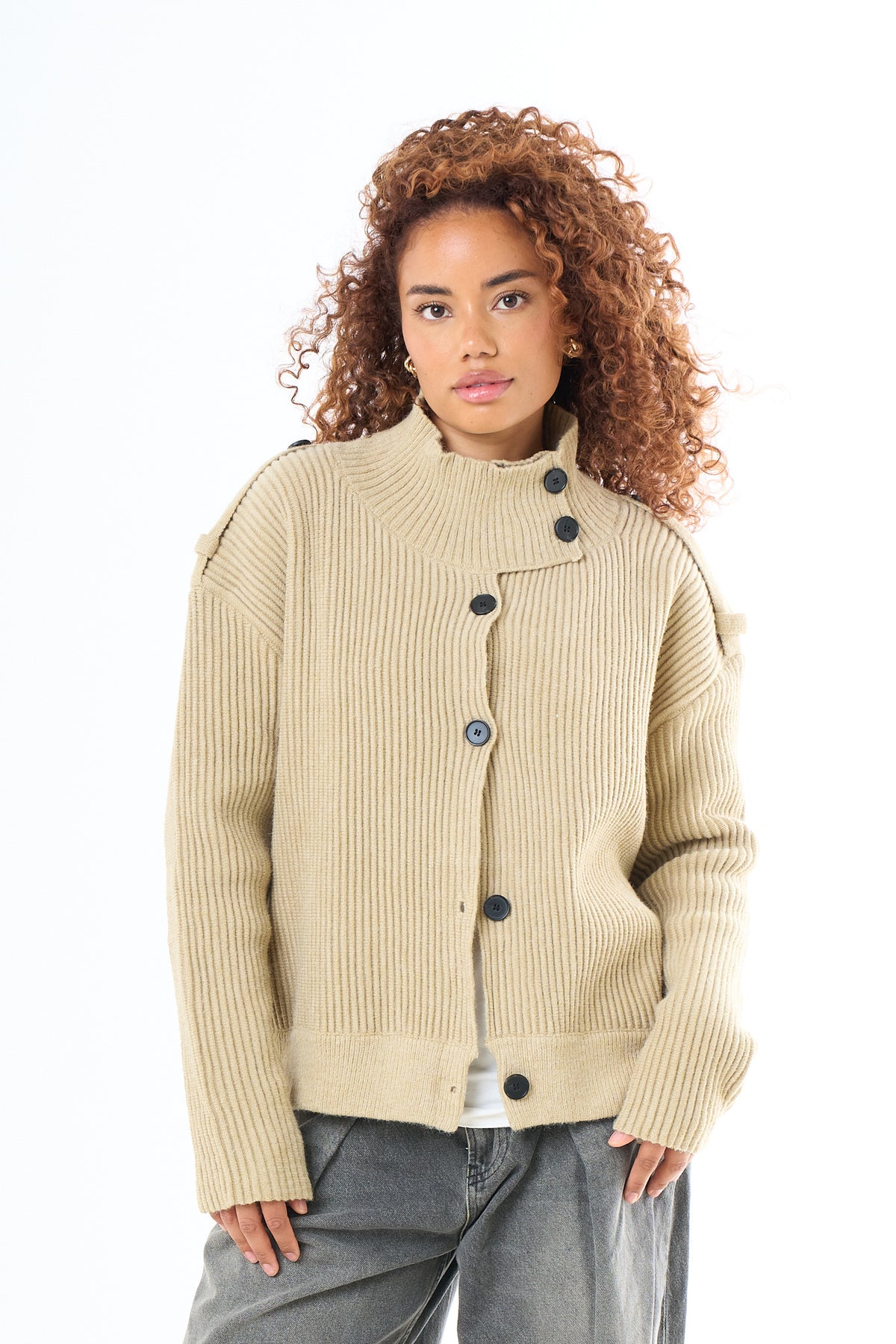 High Neck Button Cardigan - Taupe-3