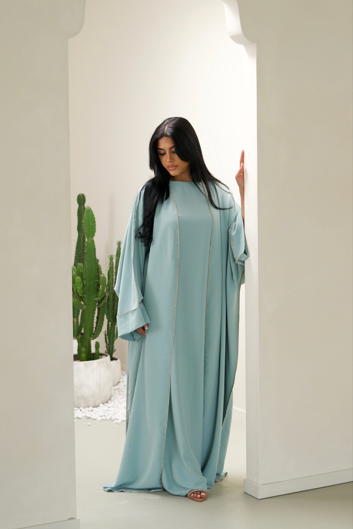 Turquoise Abaya Set With Golden Details