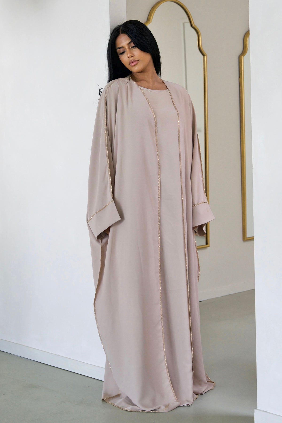 Beige Abaya Set With Golden Details