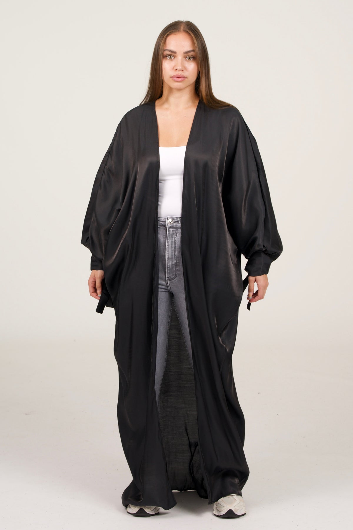 Shiny Black Kimono With Bows On The Sleeves