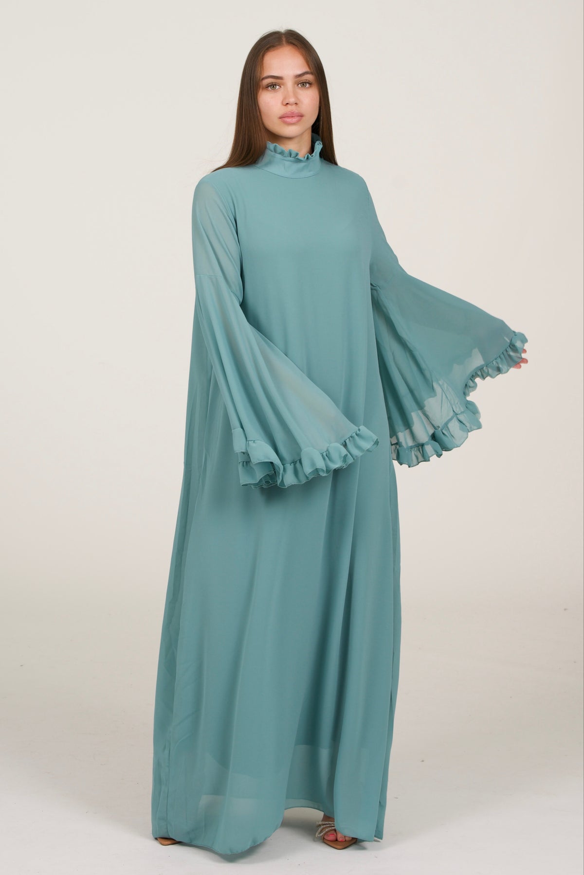Turquoise Classic Dress With Detailed Sleeves