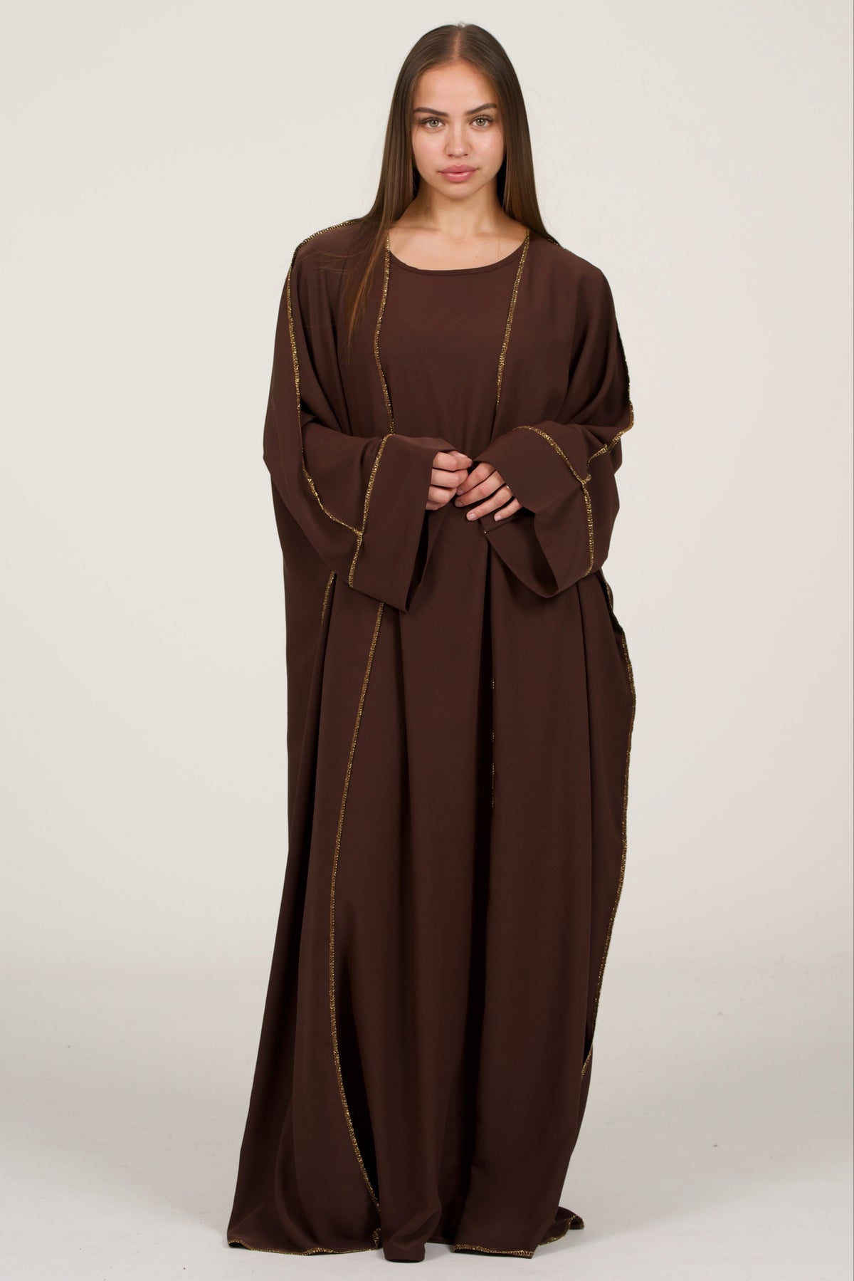 Brown Abaya Set With Golden Details