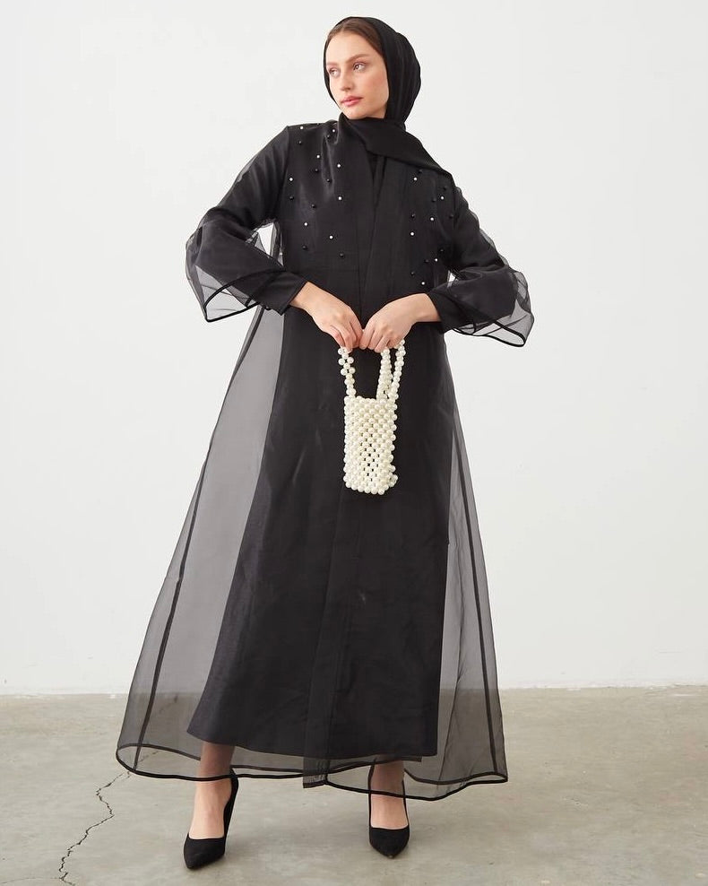 Transparent Black Abaya With Pearls