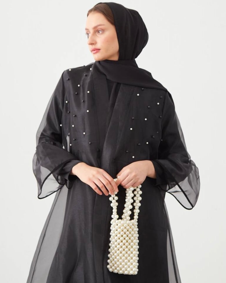 Transparent Black Abaya With Pearls