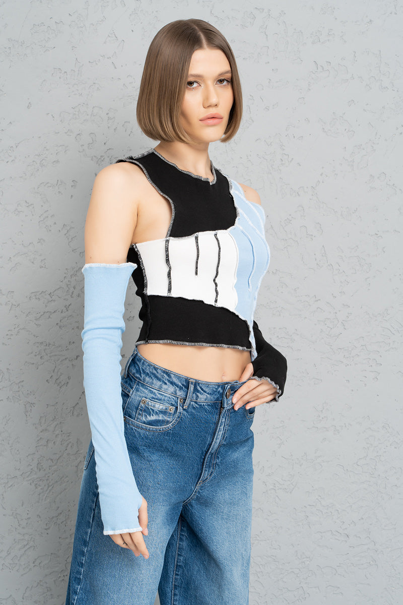 Black Blue Asymmetric Top With Gloves