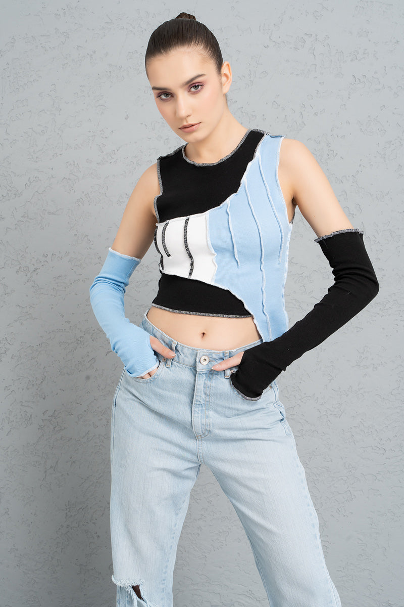 Black Blue Asymmetric Top With Gloves