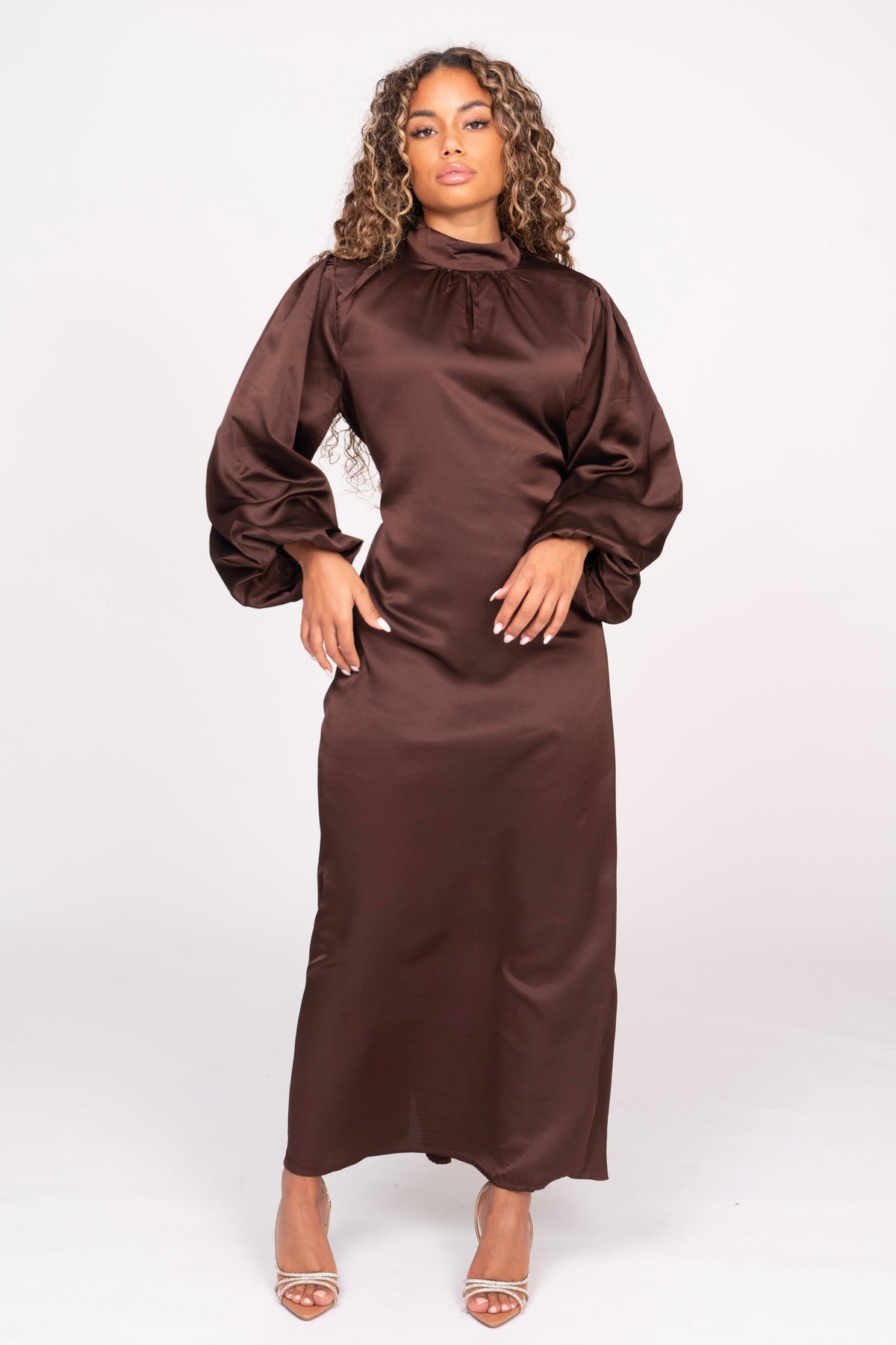 Brown Long Dress With Puffed Sleeves