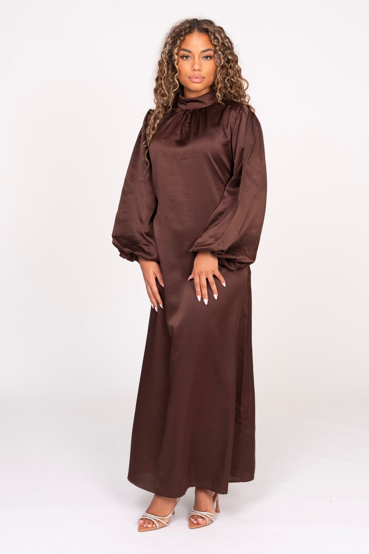 Brown Long Dress With Puffed Sleeves