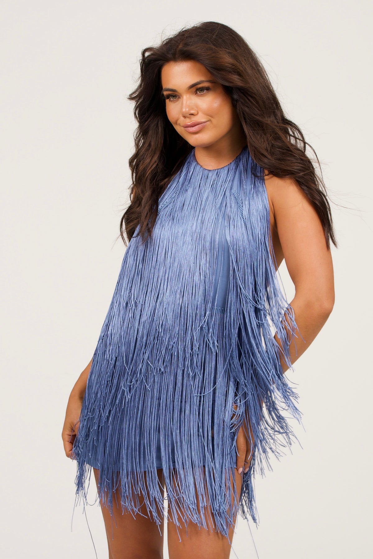 Blue Mini Dress With Embellishments And Fringes