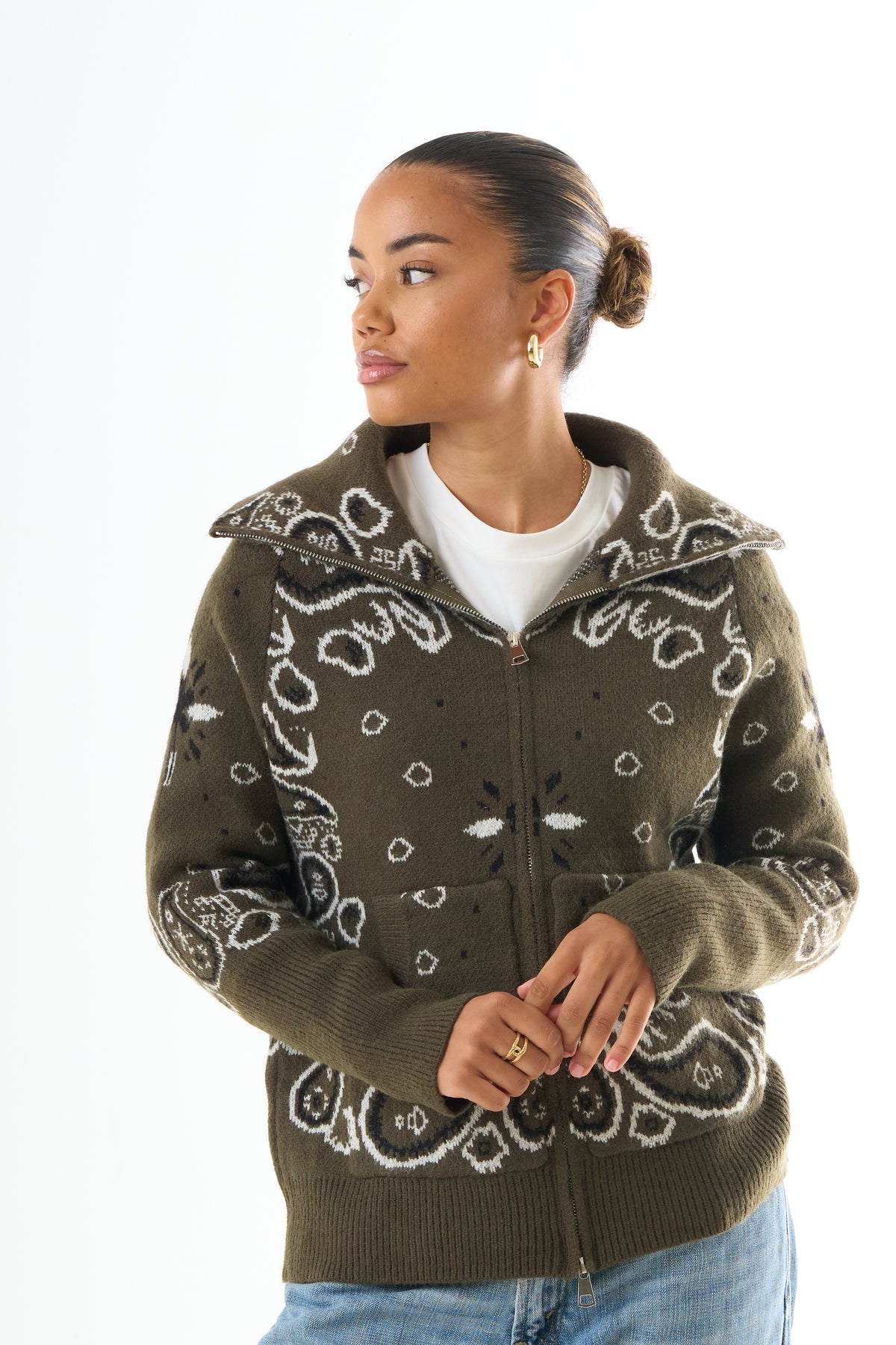 Zipped Bandana Cardigan - Green-2