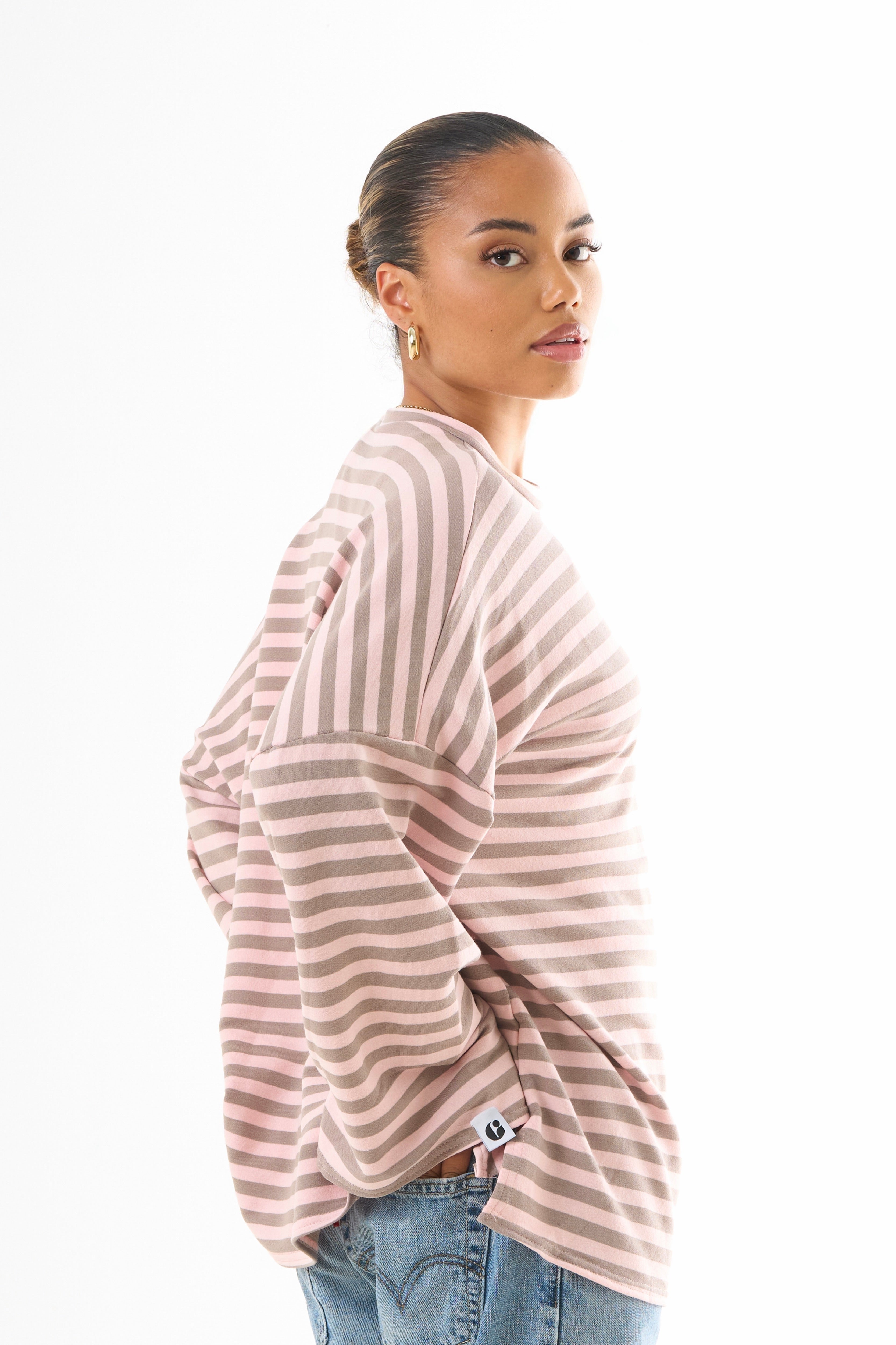 Oversized Long-Sleeved T-shirt - Pink/Brown-1