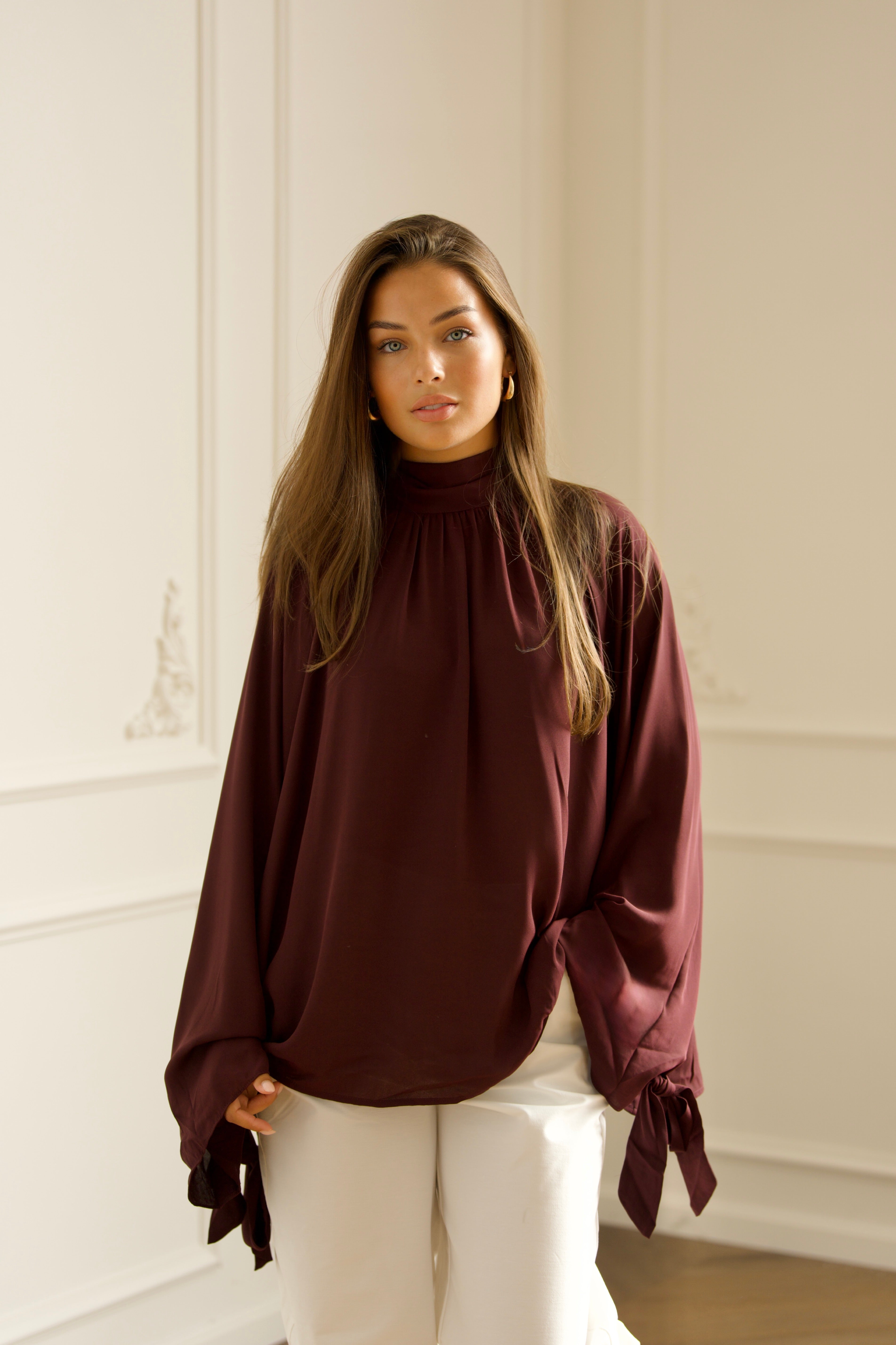 Oversized Tie Blouse - Bordeaux-1