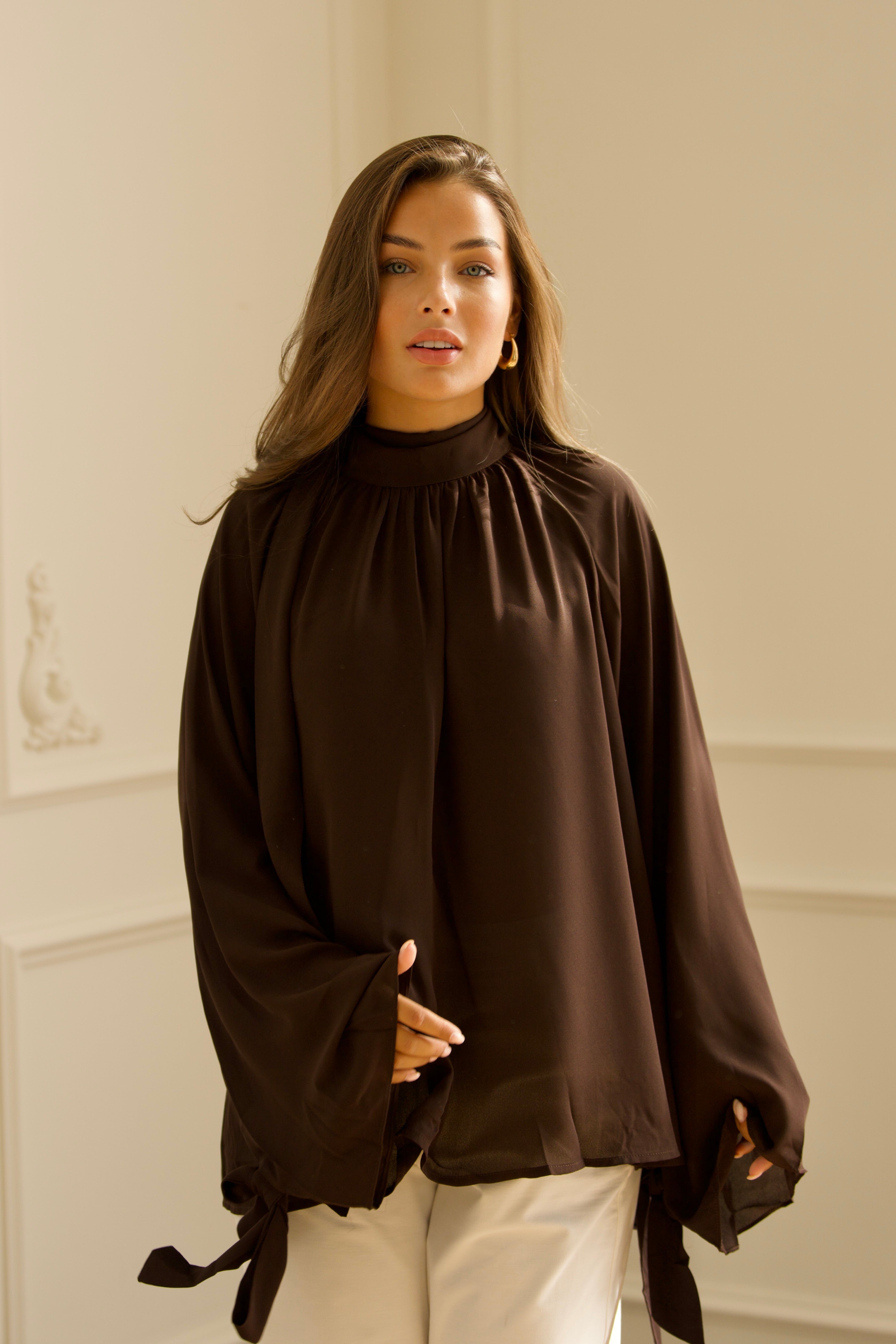 Oversized Tie Blouse - Brown-2