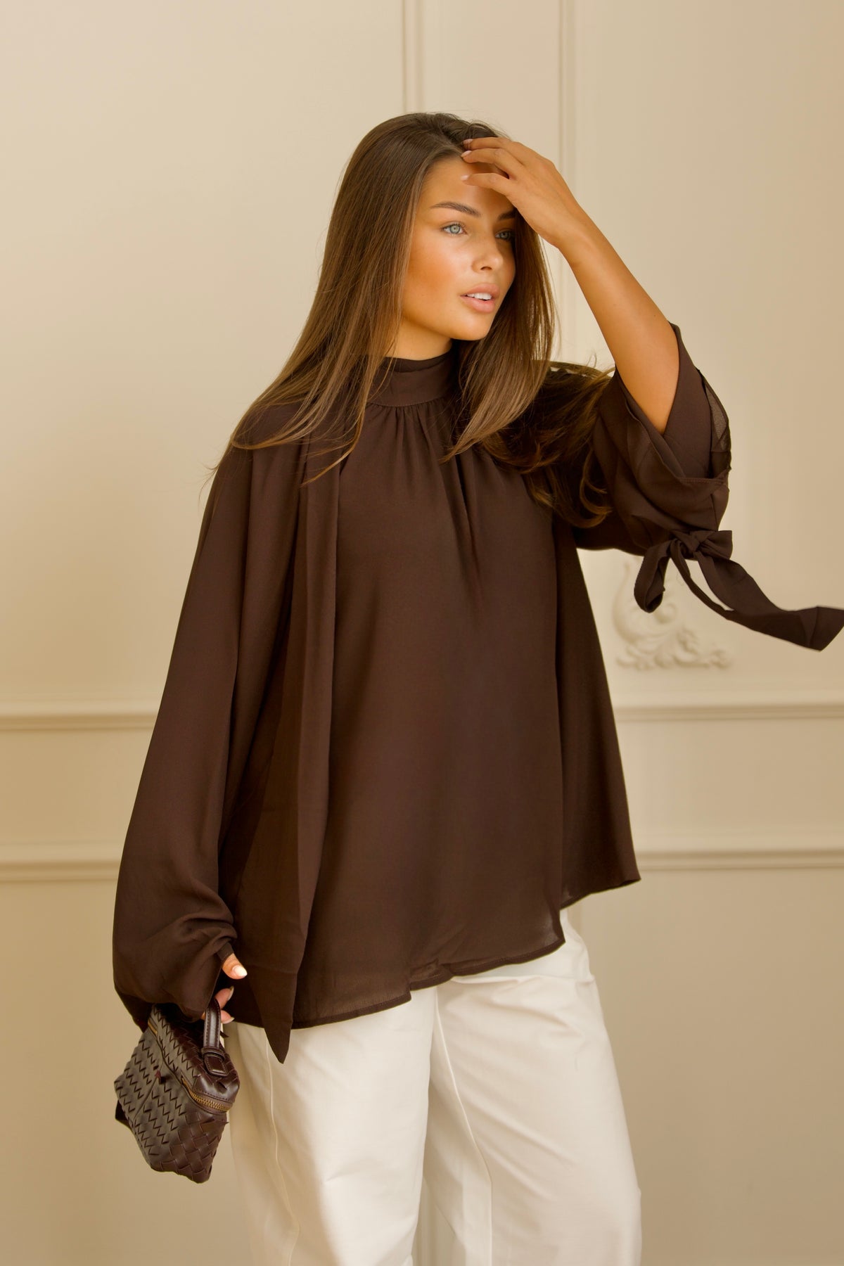 Oversized Tie Blouse - Brown-1