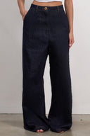 Person wearing dark blue wide-leg jeans against a plain background