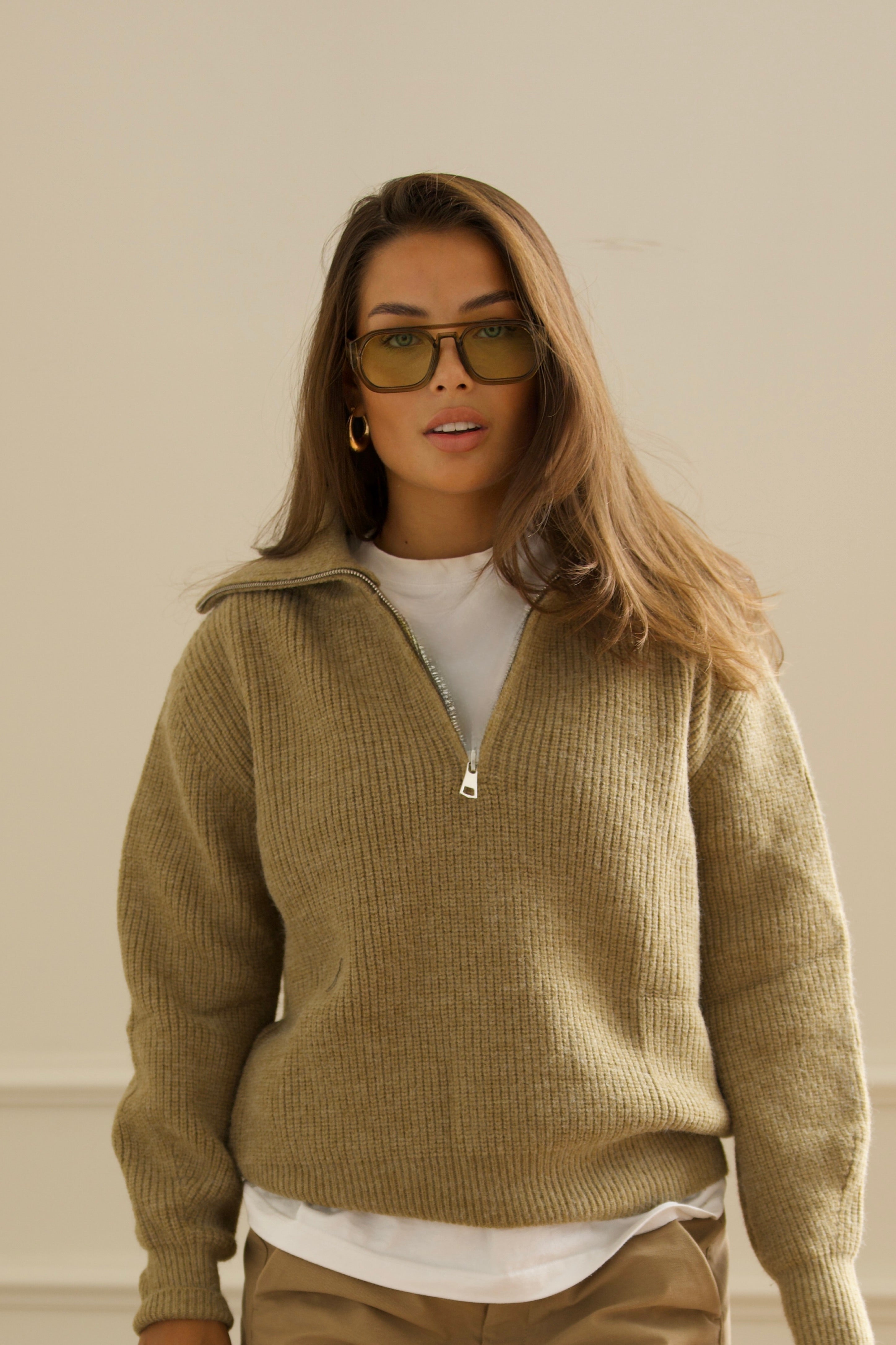 Zip Knit Sweater - Khaki-2
