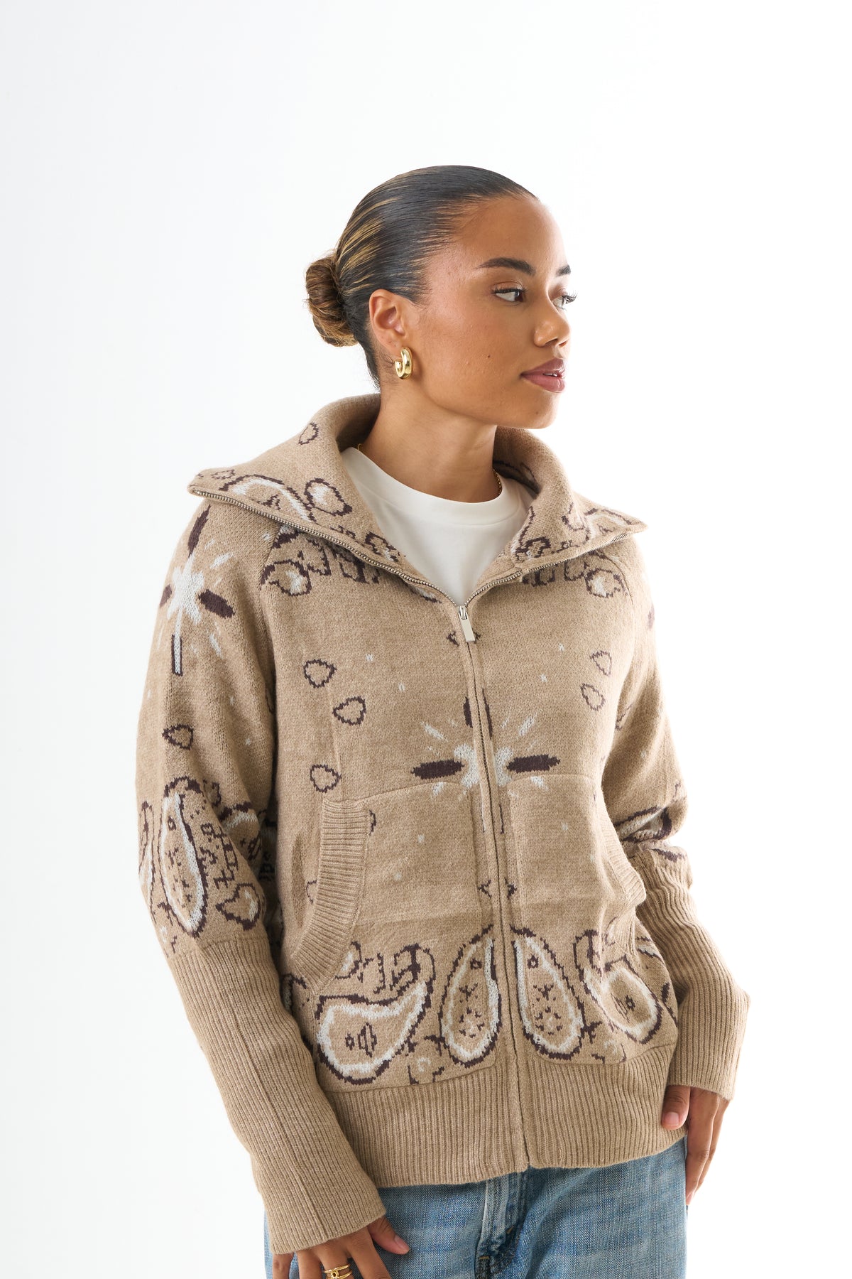 Zipped Bandana Cardigan - Beige-2