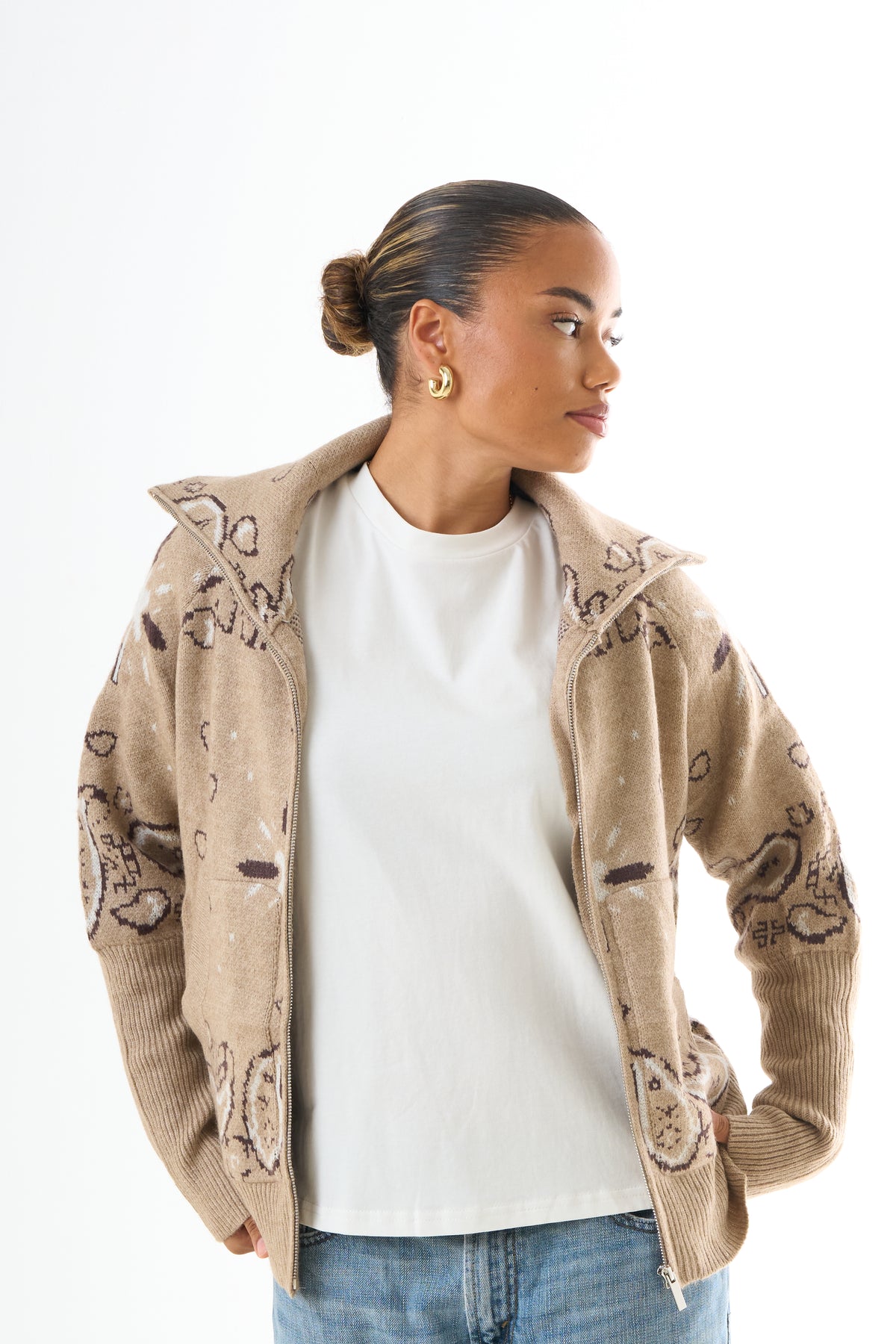 Zipped Bandana Cardigan - Beige-1