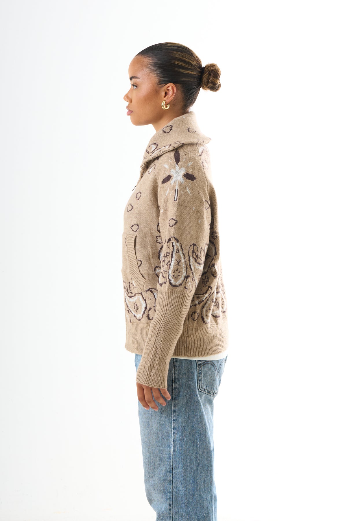 Zipped Bandana Cardigan - Beige-3