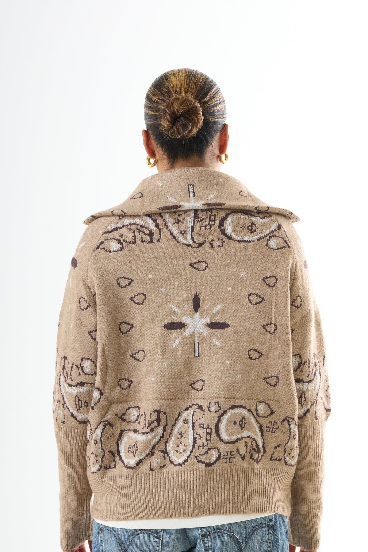 Zipped Bandana Cardigan - Beige-4