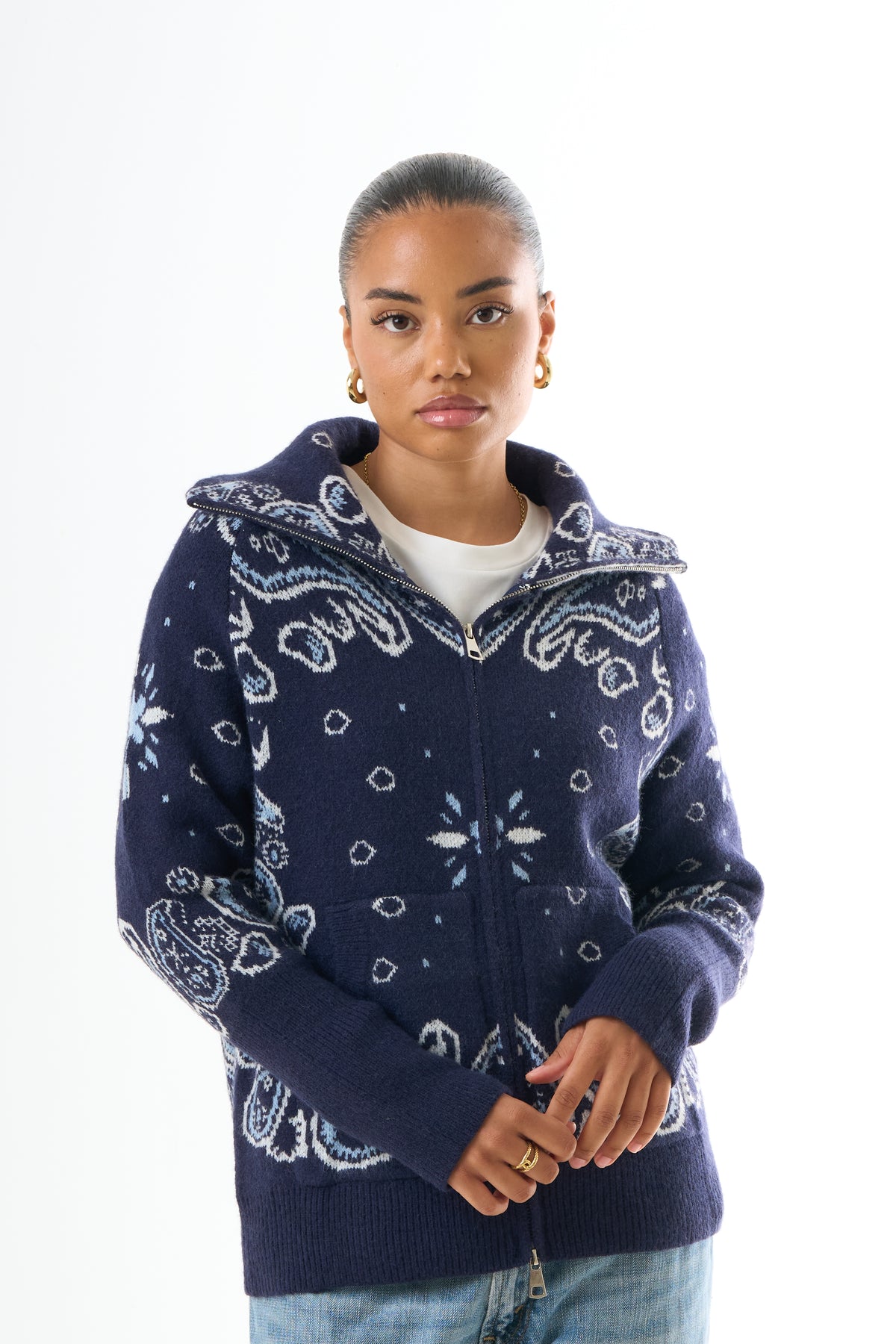 Zipped Bandana Cardigan - Blue-1