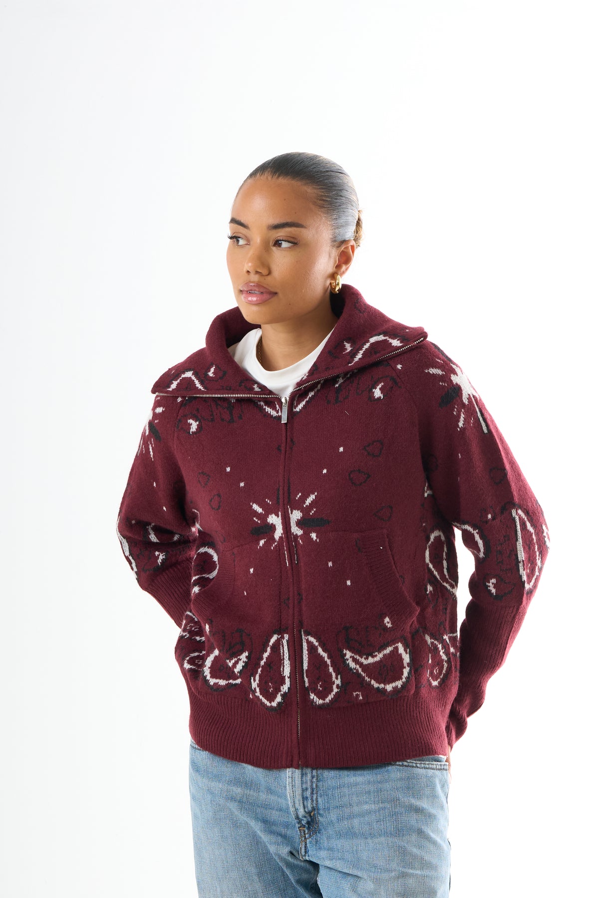 Zipped Bandana Cardigan - Bordeaux-1