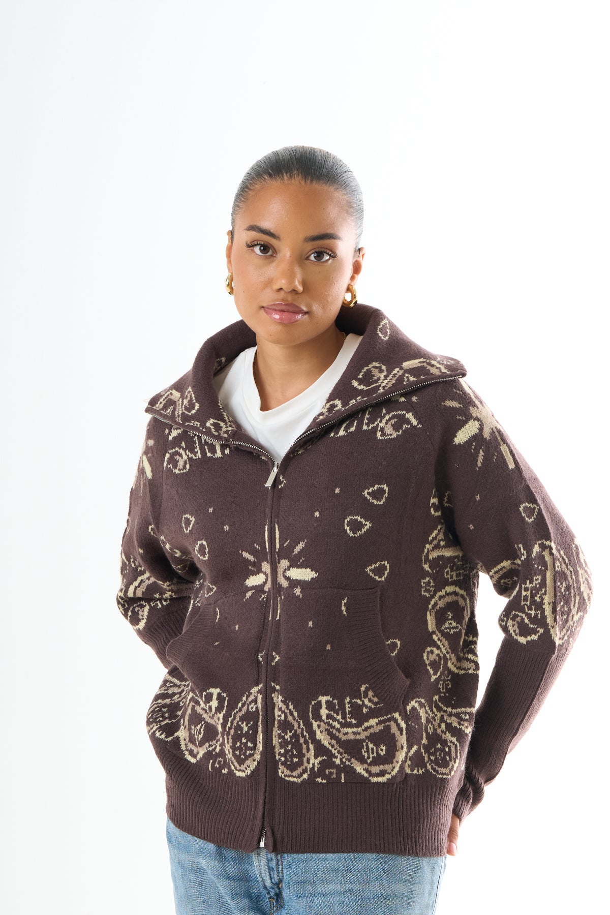 Zipped Bandana Cardigan - Brown-2