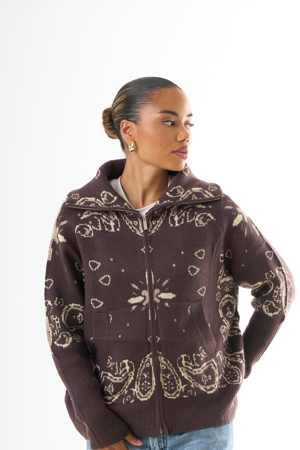 Zipped Bandana Cardigan - Brown-1
