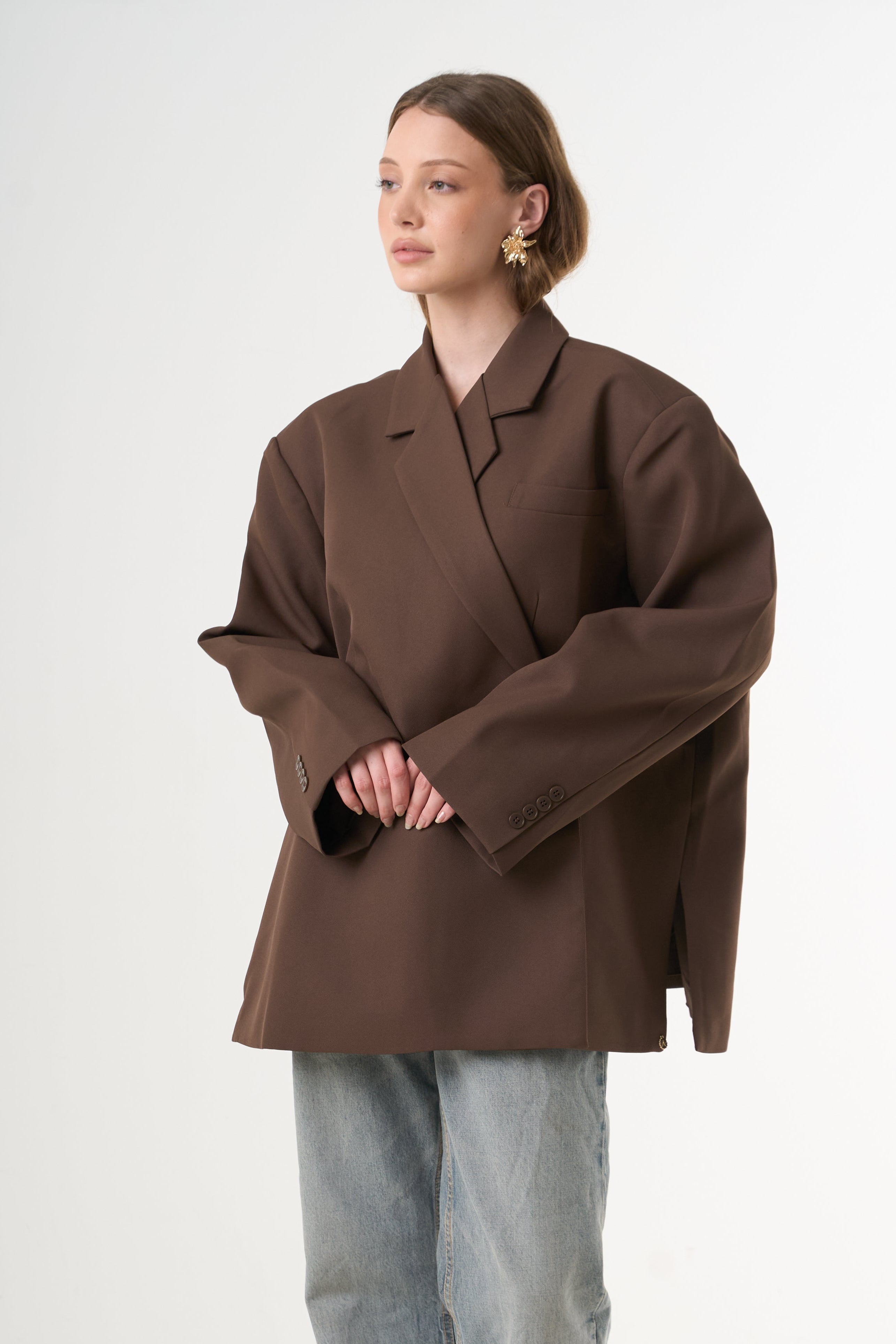 Boxy Oversized Blazer - Brown-1