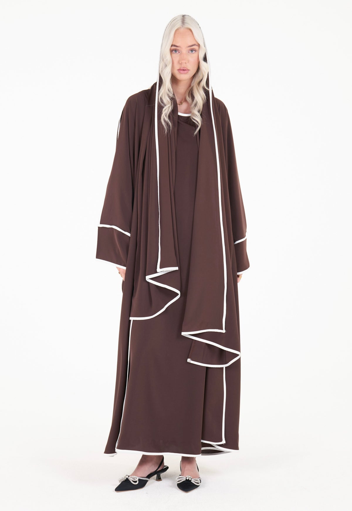 3-piece Brown Striped Abaya Set