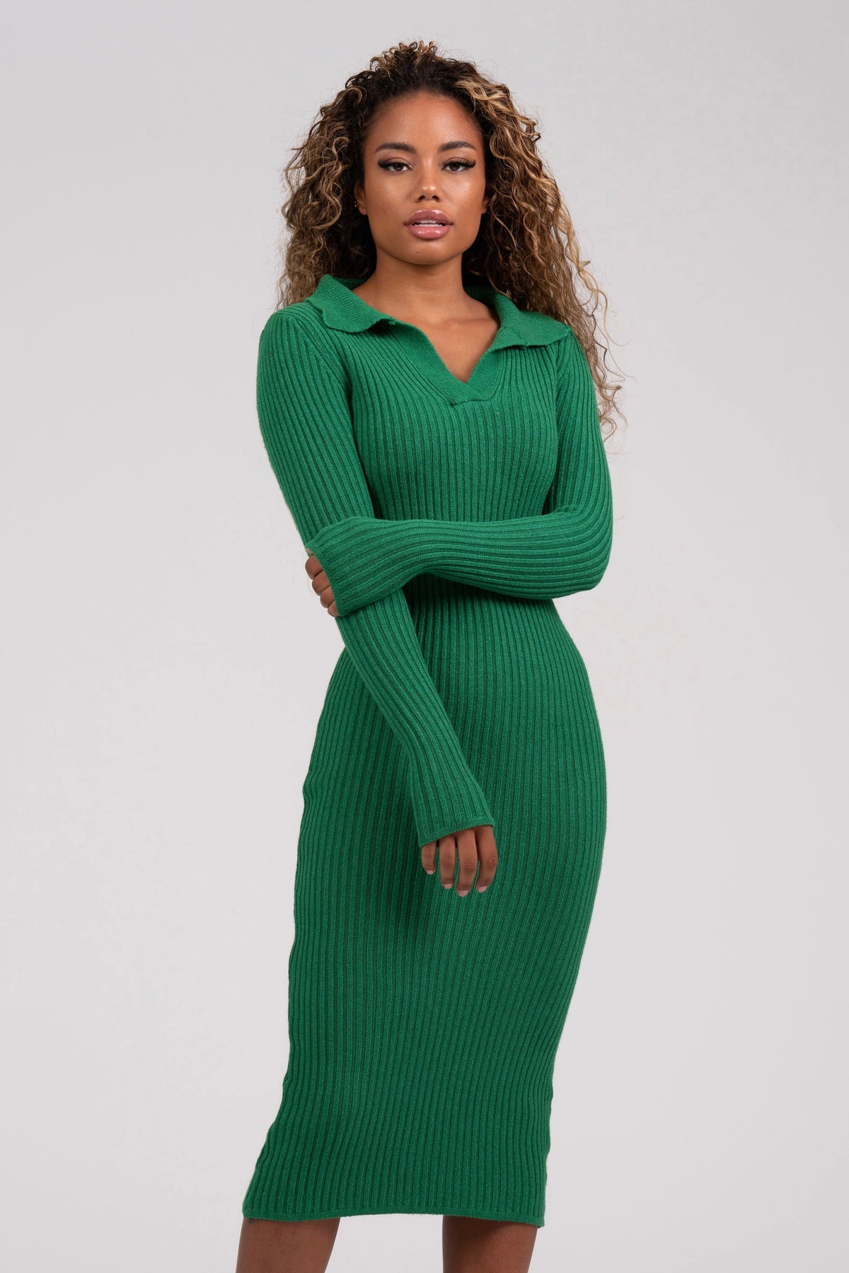 Green Long Sleeve Ribbed Dress