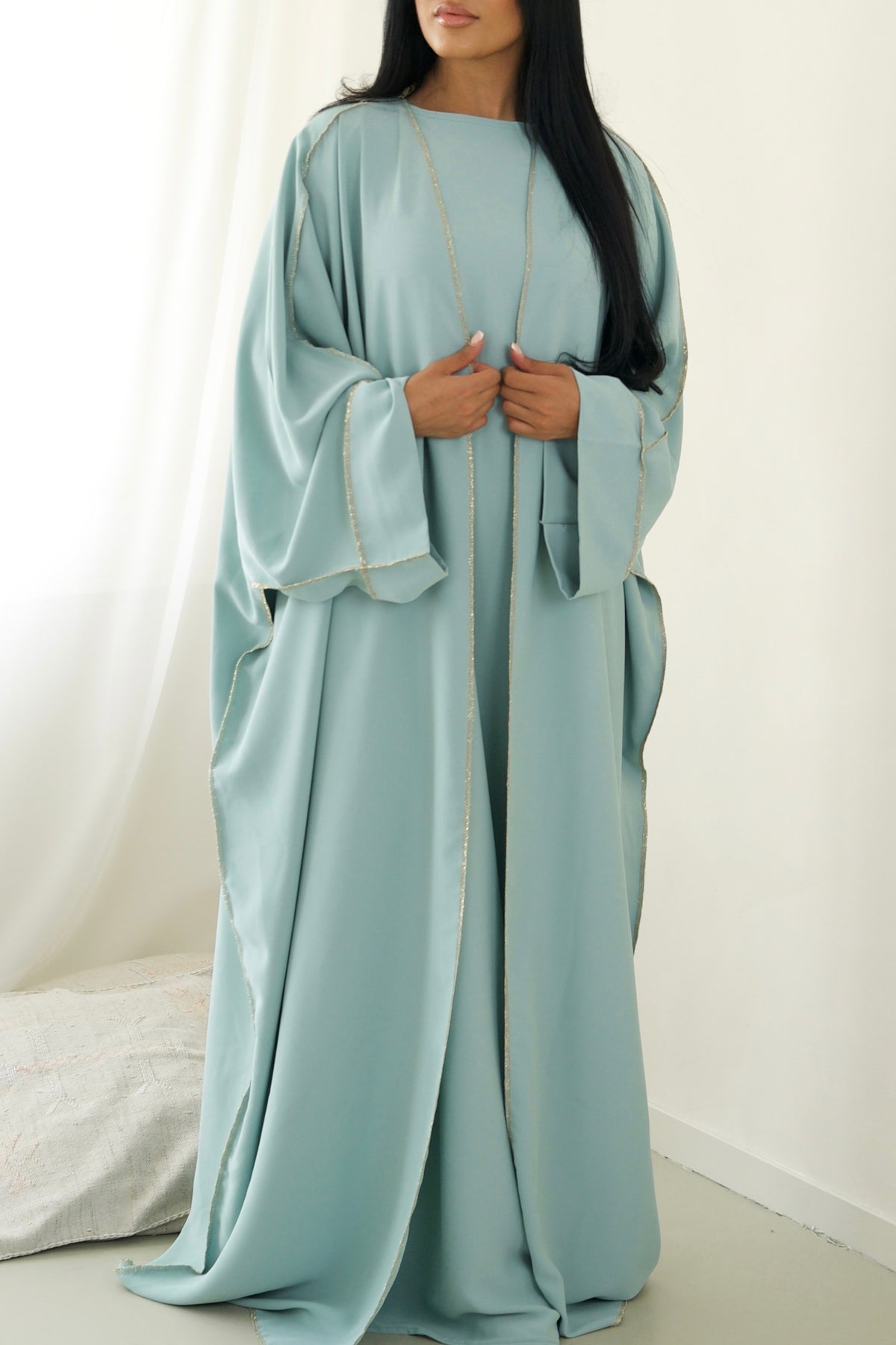 Turquoise Abaya Set With Golden Details